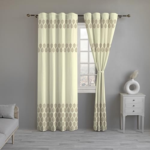 100% Cotton Curtains Semi-Sheer – Set of 2, Back Loop Hanging (PAN PRINT (IVORY) Betel Leaf)