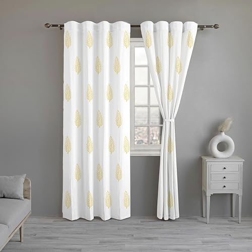 100% Cotton Curtains Semi-Sheer – Set of 2, Back Loop Hanging (Mustard Leaf-White)