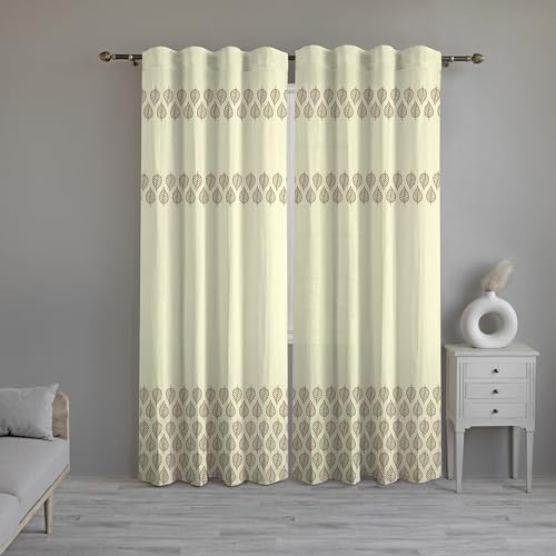 100% Cotton Curtains Semi-Sheer – Set of 2, Back Loop Hanging (PAN PRINT (IVORY) Betel Leaf)