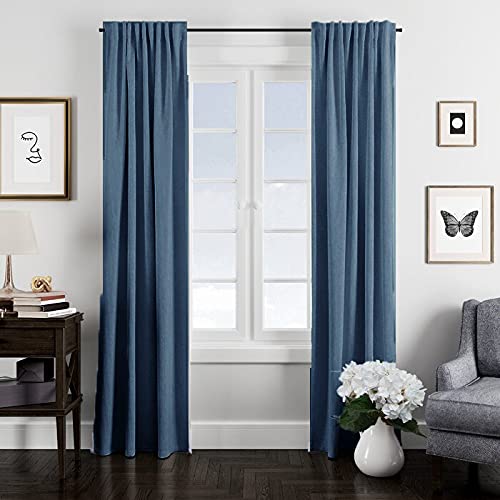 100% Cotton Curtains Semi-Sheer – Set of 2, Back Loop Hanging (Navy Blue)