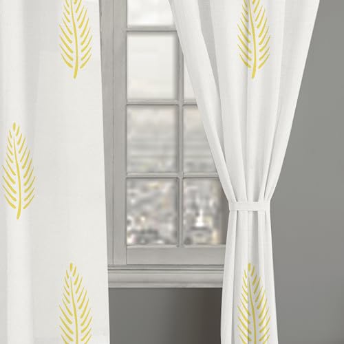 100% Cotton Curtains Semi-Sheer – Set of 2, Back Loop Hanging (Mustard Leaf-White)