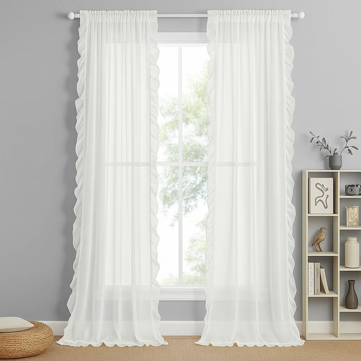 RUFFLED SIDES | Cotton Linen Sheer Curtains | Rod Pocket Hanging | Light Filtering Linen-Textured Drapes for Stylish Living Room Décor