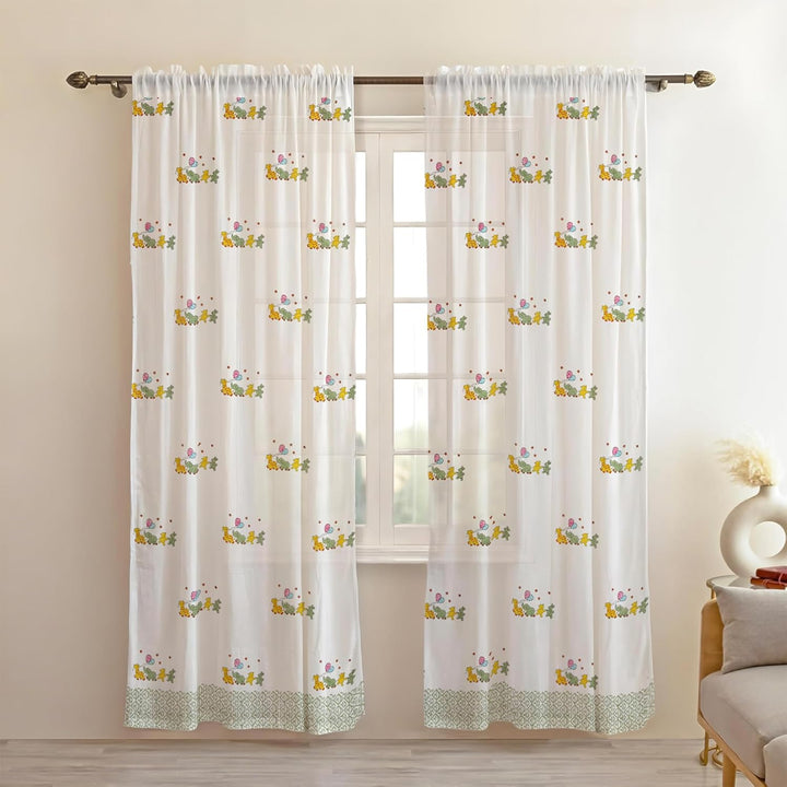 LINENWALAS Cotton Linen Kids Printed Sheer Curtain Set – 2 Panels with Rod Pocket Hanging