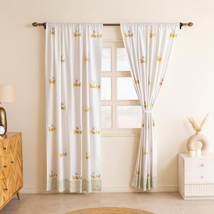 LINENWALAS Kids Printed Cotton Semi-Sheer Curtain Set (2 Panels) – Jungle Safari Design, Rod Pocket, Perfect for Kids' Rooms & Home Decor