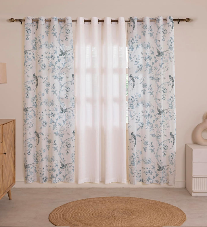 Bird Paradise Printed Sheer Cotton Curtains – 3 Panel Set | Elegant Grommet Curtains for Chic Living Spaces