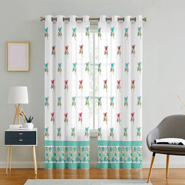 COLOURFUL GARDEN | Handblock Eyelet Sheer Cotton Linen Curtains - Set Of 2 Panels