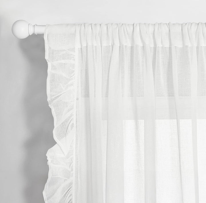 RUFFLED SIDES | Cotton Linen Sheer Curtains | Rod Pocket Hanging | Light Filtering Linen-Textured Drapes for Stylish Living Room Décor