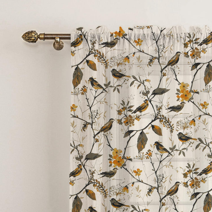 BIRD VINES | Rod Pocket Sheer Cotton Linen Curtains - Set Of 2 Panels