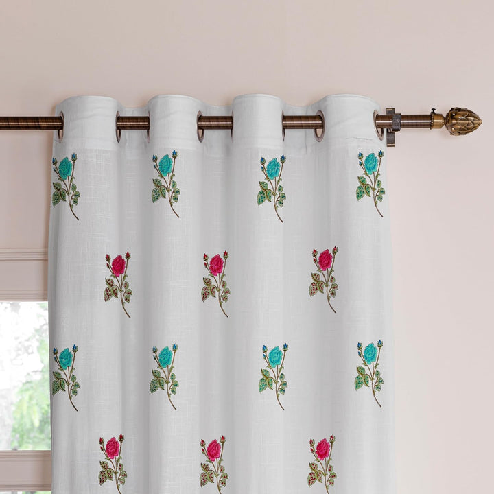 COLOURFUL GARDEN | Handblock Eyelet Sheer Cotton Linen Curtains - Set Of 2 Panels