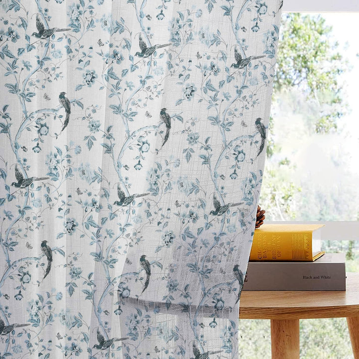 Bird Paradise Printed Sheer Cotton Curtains – 3 Panel Set | Elegant Grommet Curtains for Chic Living Spaces