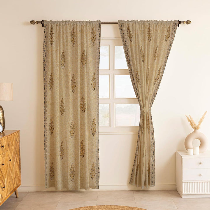 LINENWALAS Printed Cotton Semi-Sheer Curtains – Set of 2 Panels with Rod Pocket Hanging for Elegant Home Décor