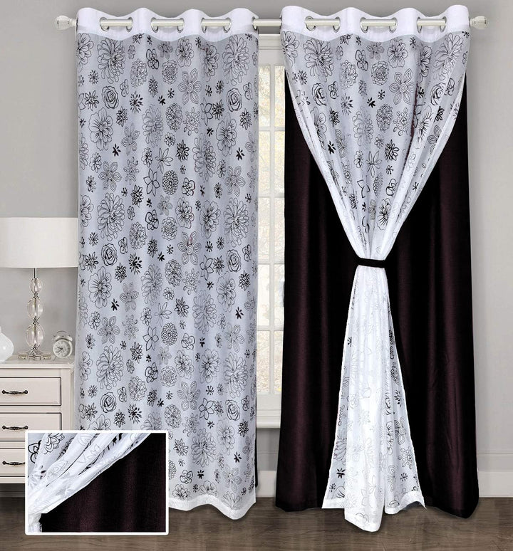 BLACKOUT Curtains with Attached Floral Sheer | Floral Design, Thermal Insulated, Noise Reducing, Room Darkening Drapes (Set of 2 Panel)