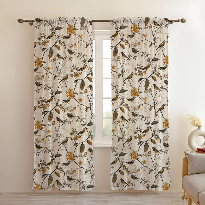 BIRD VINES | Rod Pocket Sheer Cotton Linen Curtains - Set Of 2 Panels