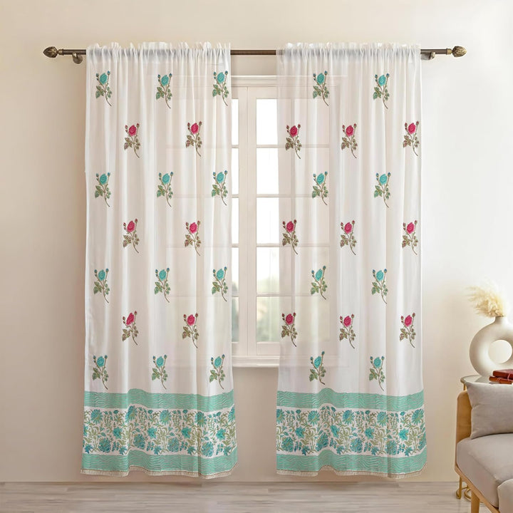 LINENWALAS Sheer Cotton Linen Curtains with Floral Print – 2 Panel Set, Elegant & Airy Window Drapes