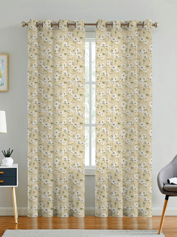 Printed Cotton Semi Sheer Curtains - Beige Floral