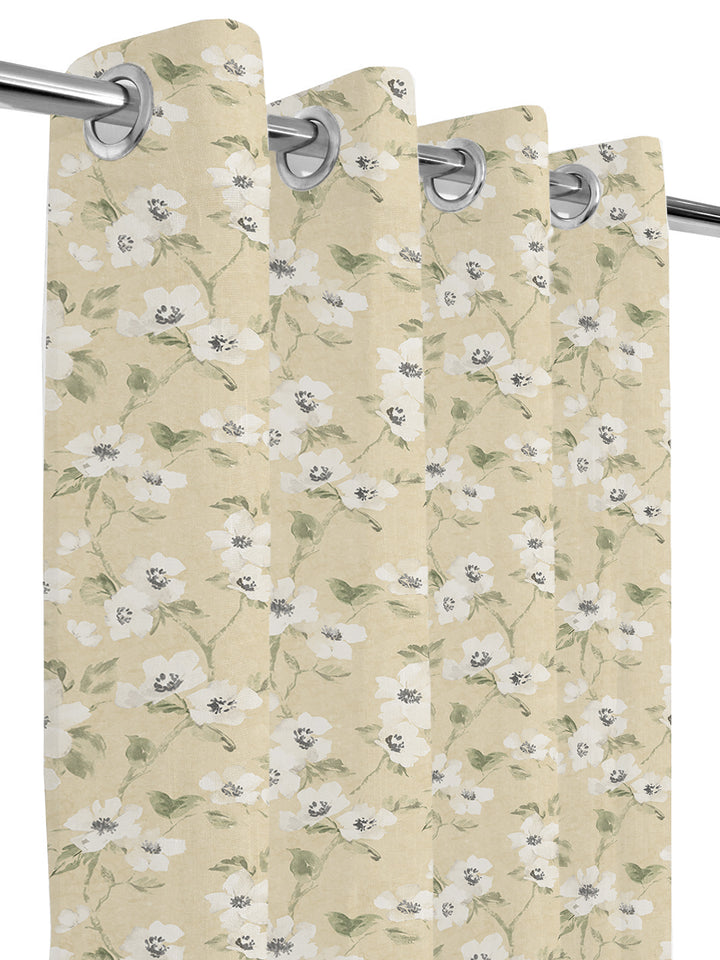 Printed Cotton Semi Sheer Curtains - Beige Floral