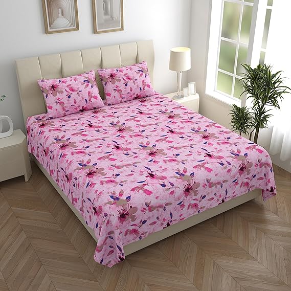 Premium 100% Pure Cotton Bedsheets - 200 TC Crisp & Soft Printed Flat Bed Sheet with Pillowcases (Pink Paradise)