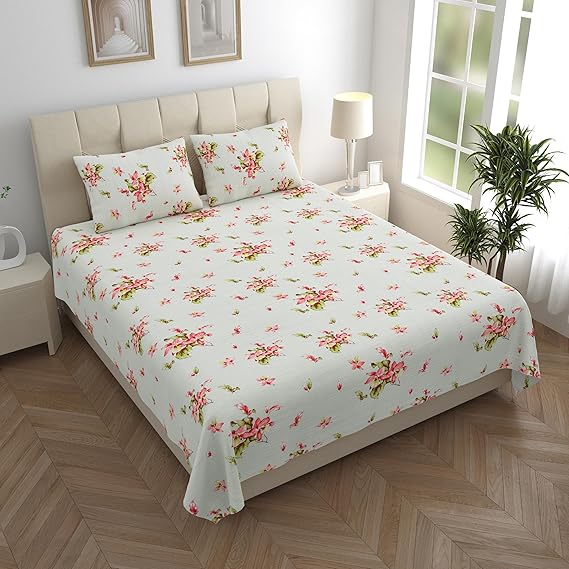 Premium 100% Pure Cotton Bedsheets - 200 TC Crisp & Soft Printed Flat Bed Sheet with Pillowcases (Coral Garden)