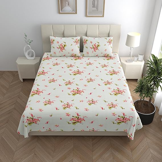 Premium 100% Pure Cotton Bedsheets - 200 TC Crisp & Soft Printed Flat Bed Sheet with Pillowcases (Coral Garden)